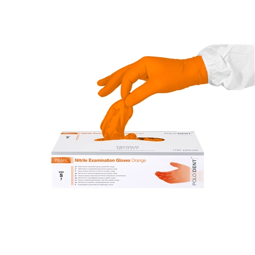 POLODENT HANDSCHOENEN PEARL NITRILE POEDERVRIJ ORANJE SMALL (100st)