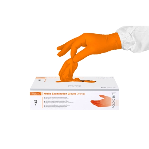 POLODENT HANDSCHOENEN PEARL NITRILE POEDERVRIJ ORANJE MEDIUM (100st)
