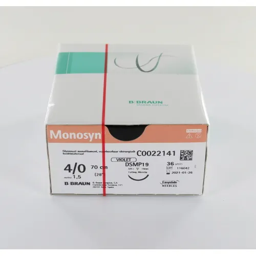 B. BRAUN MONOSYN HECHTMATERIAAL 4-0 VIOLET MET DSMP19 3/8 CIRKEL SNIJDENDE NAALD 70cm (36st)