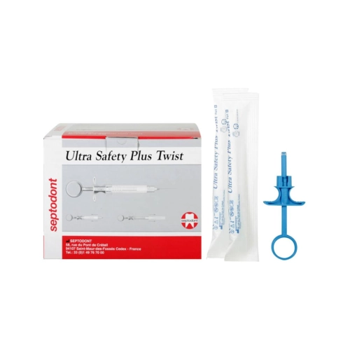 SEPTODONT ULTRA SAFETY PLUS TWIST 30G 0,30x25mm BLAUW (100st) + 1 AUTOCLAVEERBAAR HANDVAT