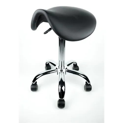 PONY ELEGANCE ZWART VINYL MET CHROMEN VOET, MIDDEN GASVEER, WIELEN GEREMD, GESLOTEN ZADEL